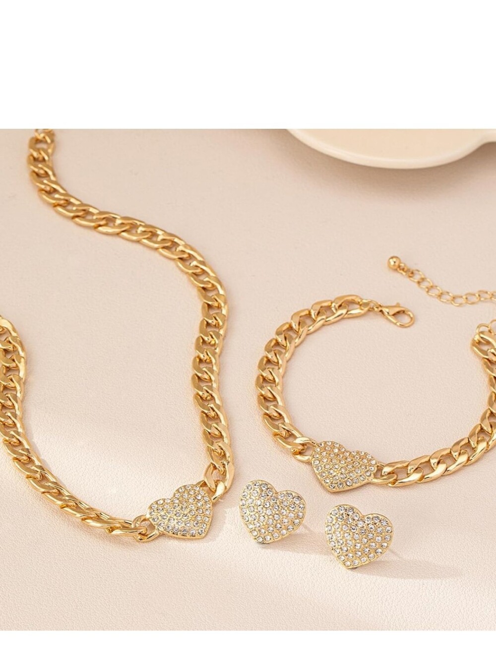 Gold Heart Pavé Pendant Necklace and Bracelet Set